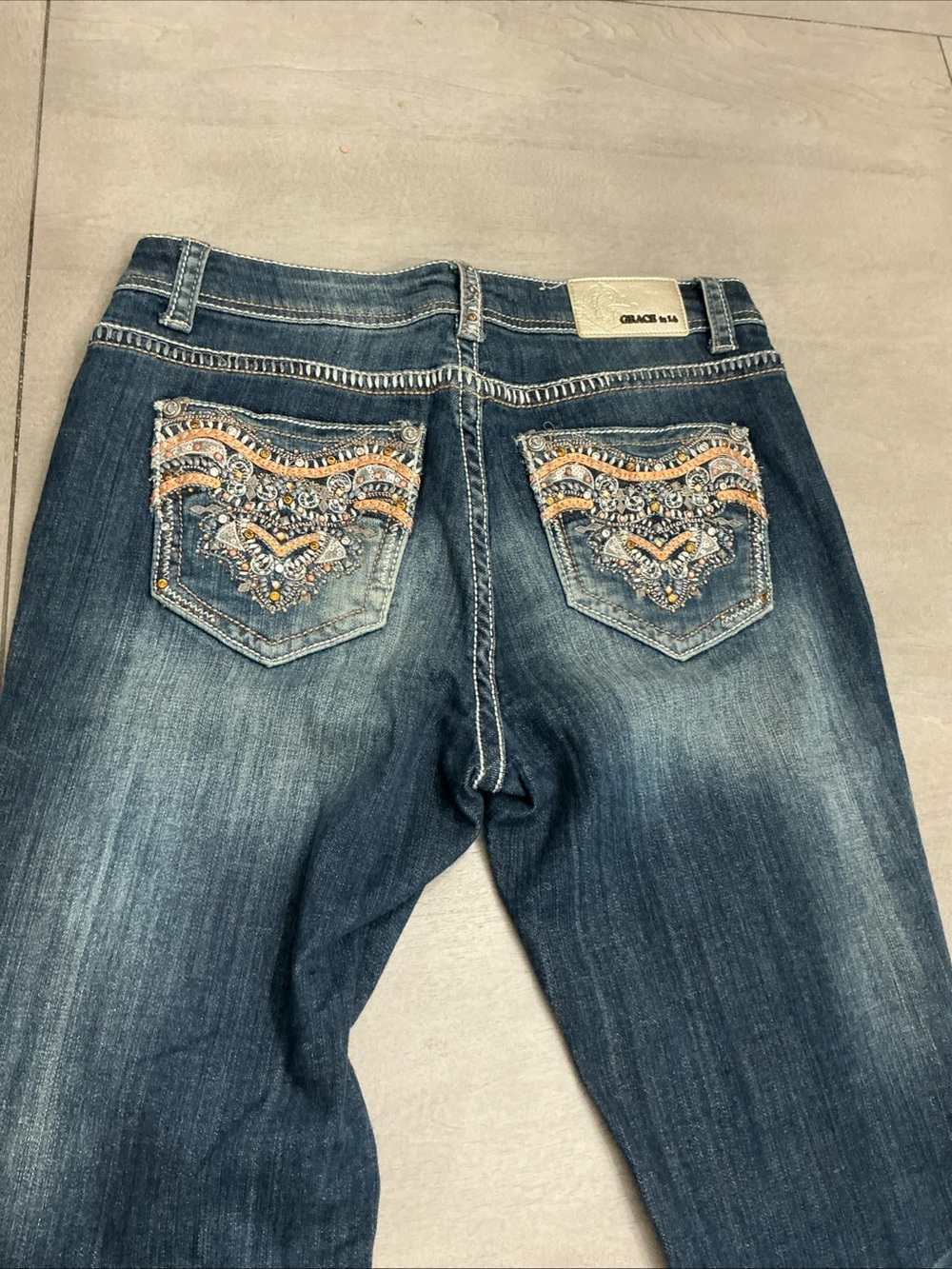 Grace in LA Embellished Back Pocket Jeans - Blue with Gold & Tan Accents